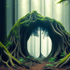 Enchanted forest with intertwined tree roots and misty surroundings