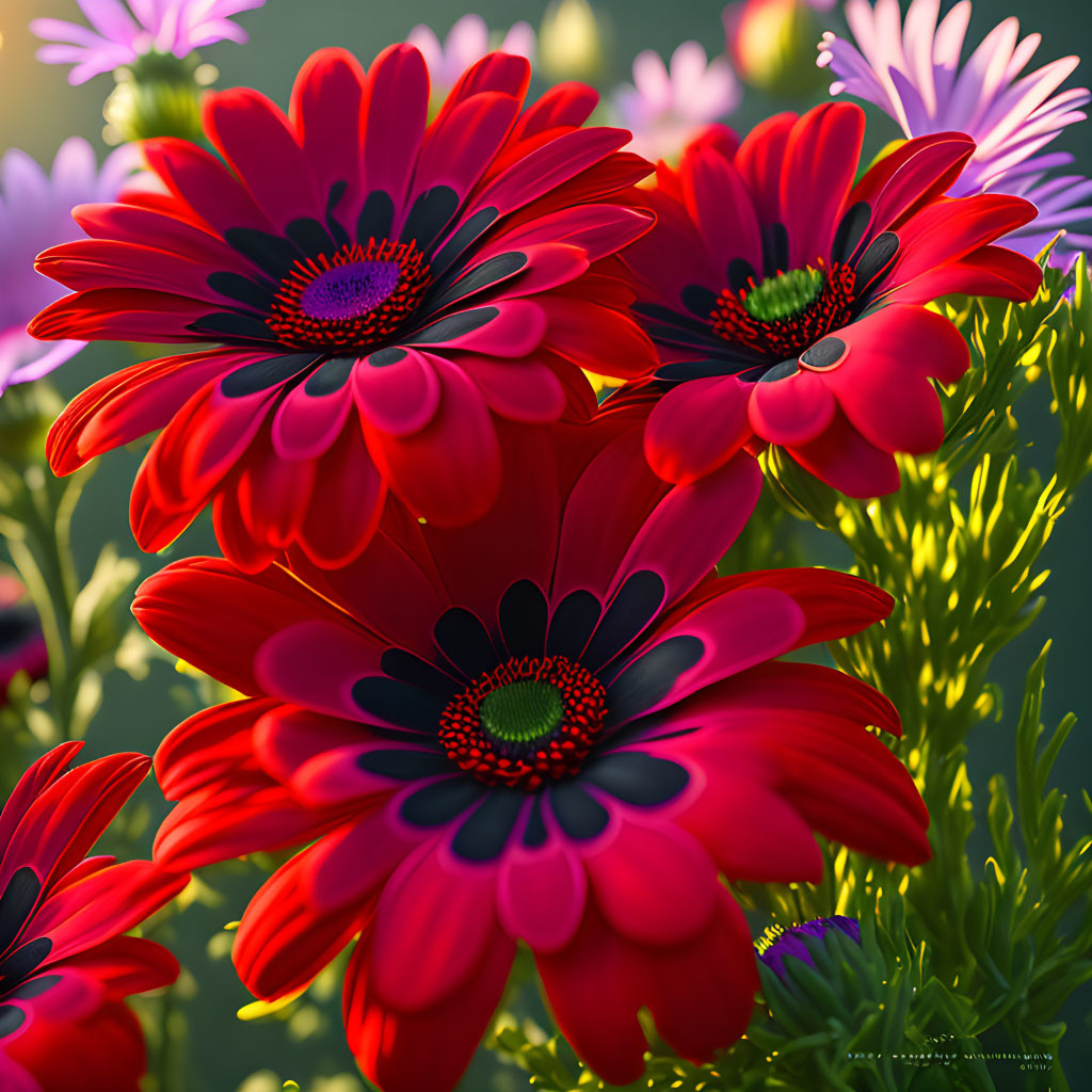 Red Gerbera Daisies with Gradient Petals Among Purple Flowers