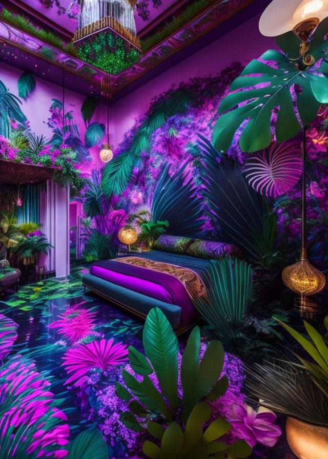 Vibrant purple-themed room with tropical motifs and lush plants