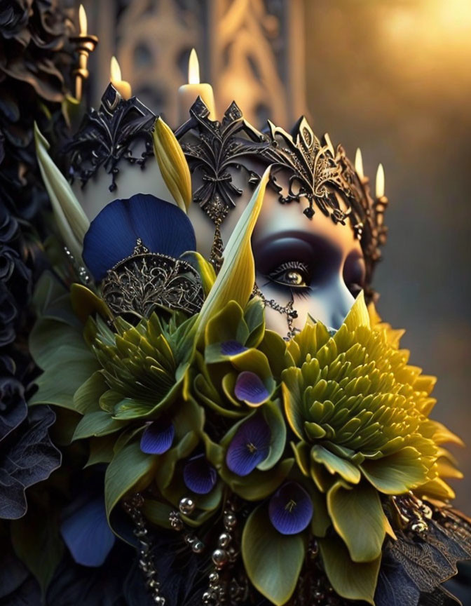 Person adorned with dark leaves, blue flowers, and metallic ornaments with candles