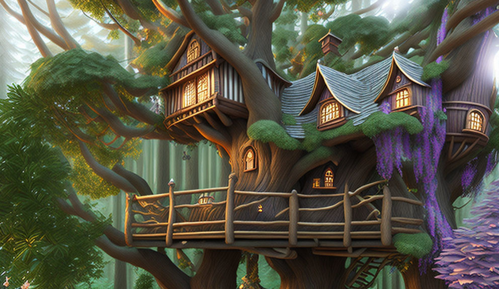 Multiple wooden cabins in fantasy treehouse with lush green foliage