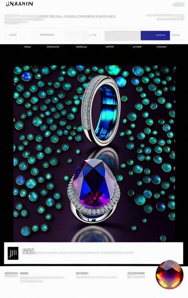 Elegant ring with large purple gemstone and smaller gems on dark background