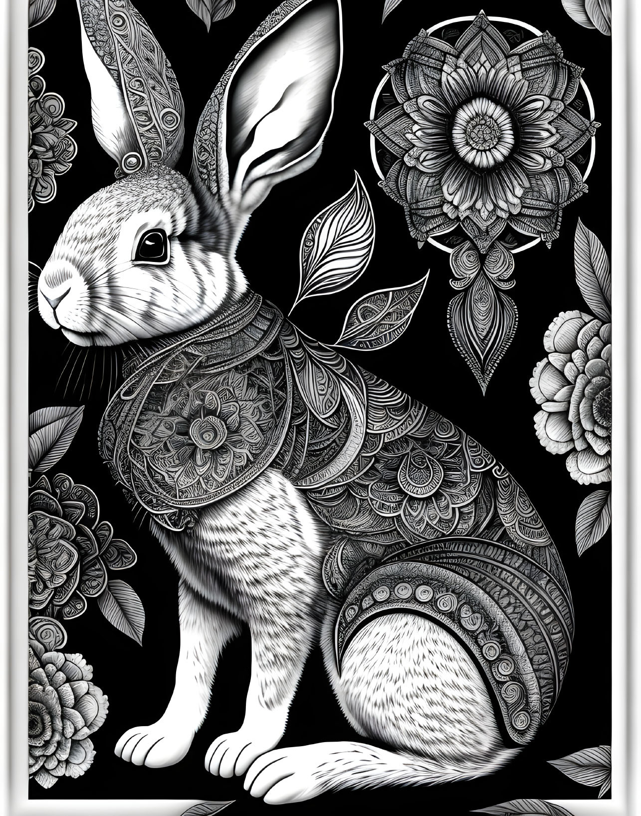 Detailed Rabbit Illustration with Decorative Patterns and Floral Backdrop