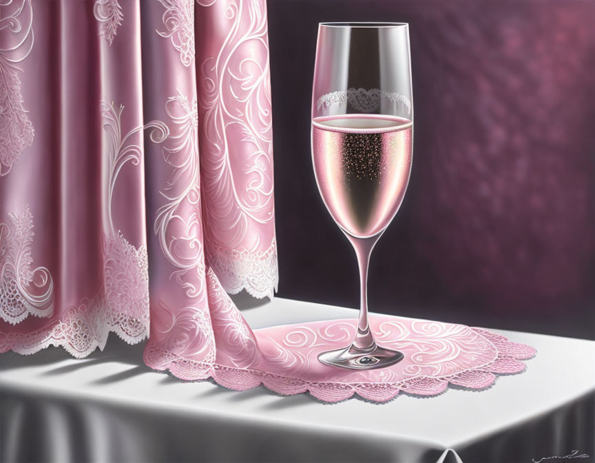 Digital painting of sparkling rose champagne on white table with pink curtains and lace doily