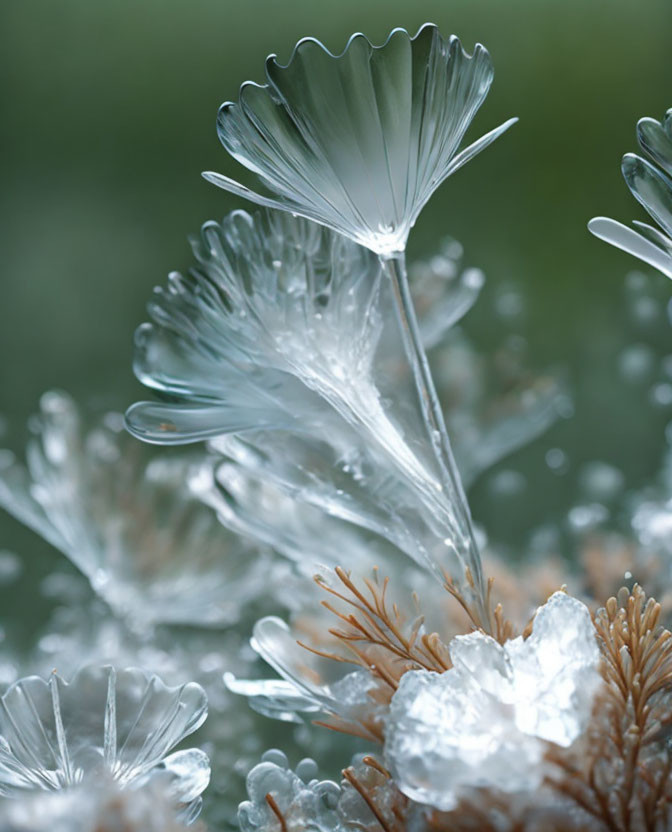 Translucent frost flowers on plant with delicate ice crystals