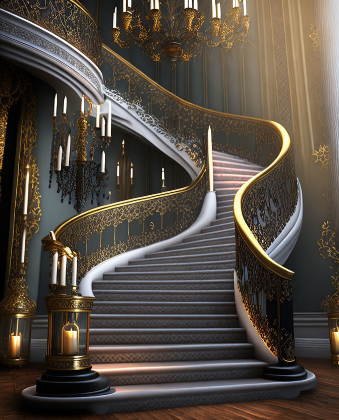 Luxurious interior with opulent staircase, gold railings, chandeliers, and warm lighting