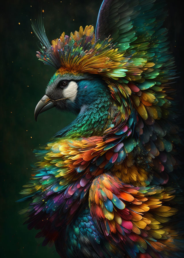 Colorful digital artwork of a bird with iridescent feathers and feathered crown