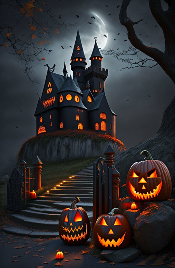 Haunted castle, jack-o'-lanterns, full moon, autumn leaves on dark night