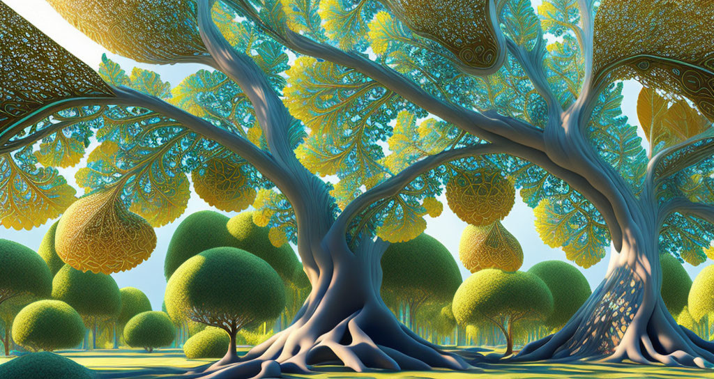 Surreal landscape: stylized trees, golden leaves, sphere-shaped fruits