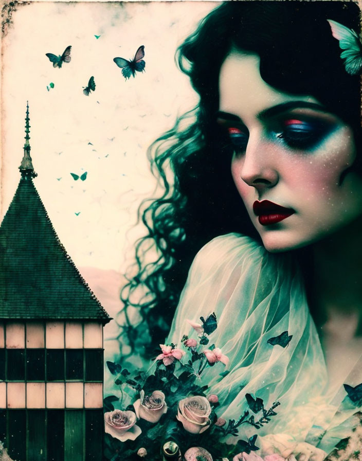 Stylized portrait of woman with dark curly hair and butterflies by vintage building