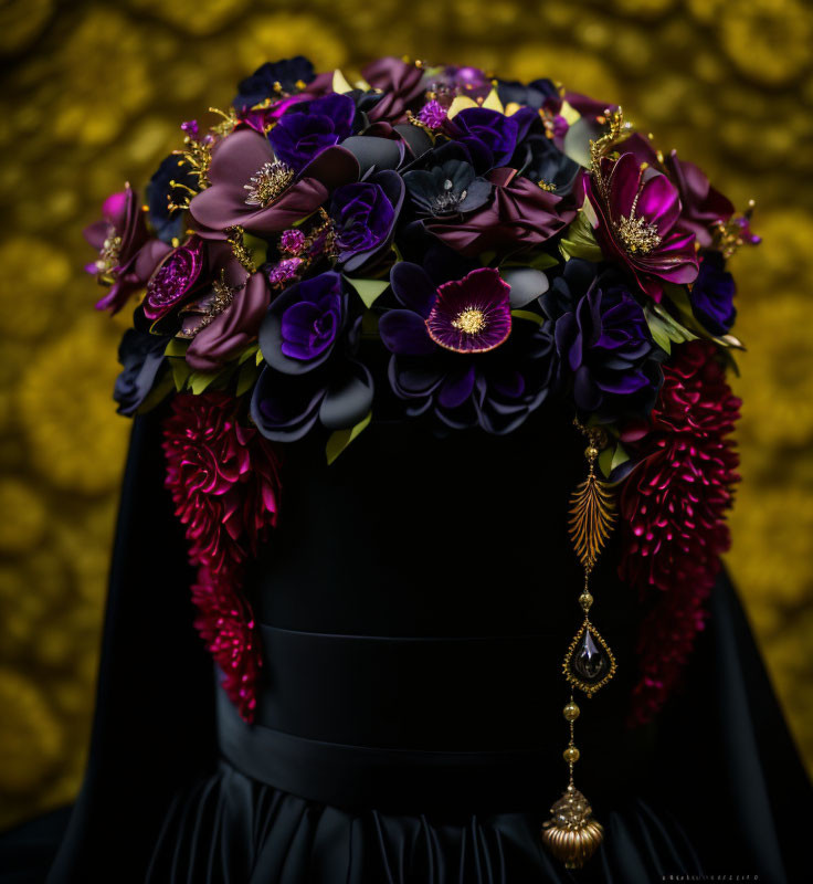 Luxurious Purple and Fuchsia Flower Bouquet with Gold Accents on Golden Textured Background