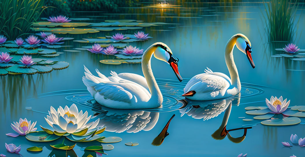 Tranquil twilight scene: two swans in blue pond with water lilies