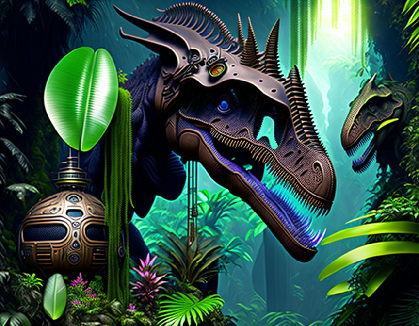 Digital artwork: Mechanical triceratops in lush futuristic jungle