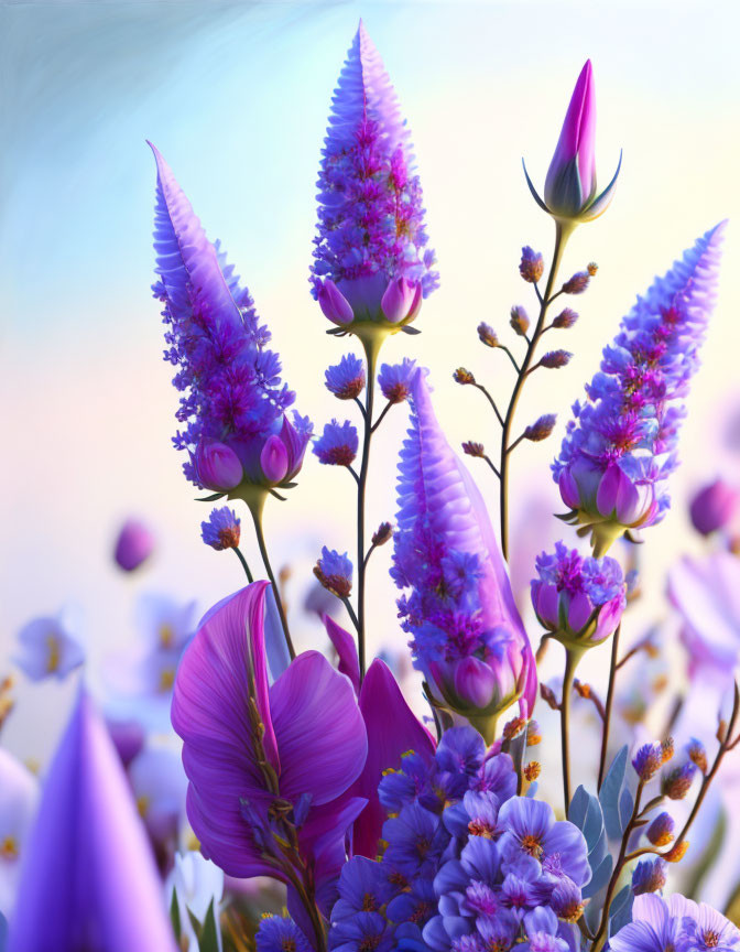 Vibrant Purple Flowers and Buds with Soft-focus Background