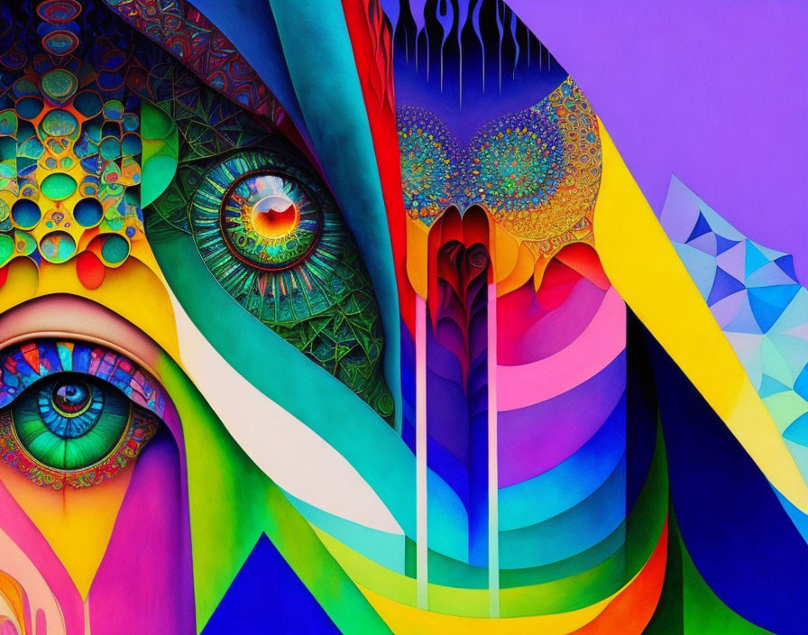 Colorful Abstract Artwork: Detailed Eyes, Geometric Shapes