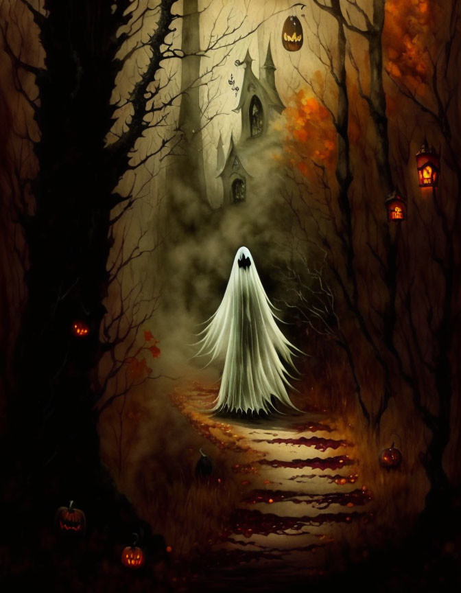 Ghostly Figure in Forest with Jack-o'-lanterns and Spooky Castle