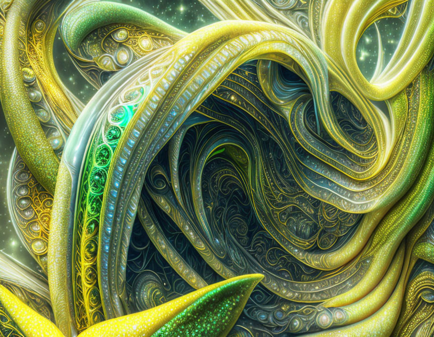 Colorful fractal image with swirling green, gold, and blue patterns.