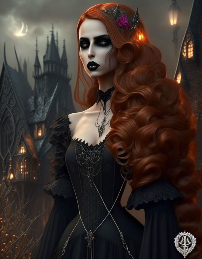 Pale-skinned gothic figure in dark attire with red hair against spooky castle background