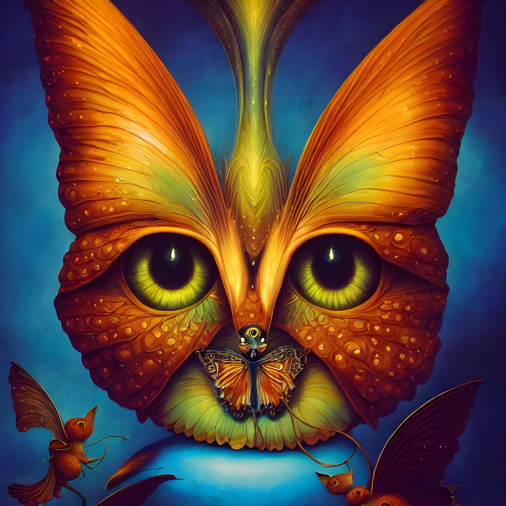 Colorful digital artwork featuring butterfly with human-like eyes and smaller butterflies on blue background