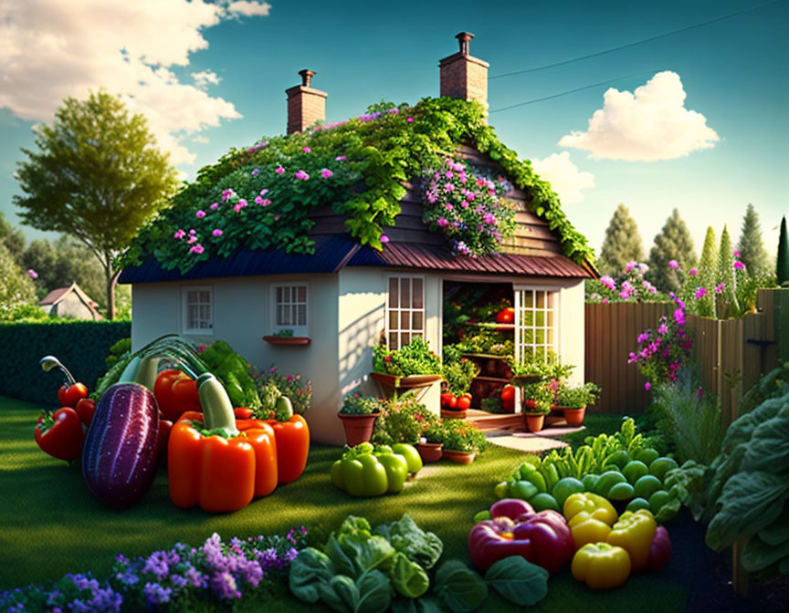 Charming cottage with green roof and giant vegetable garden