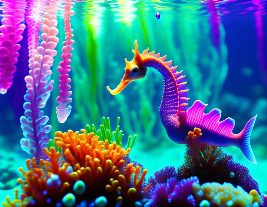 Colorful Seahorse Among Neon Coral and Anemones in Vibrant Underwater Scene