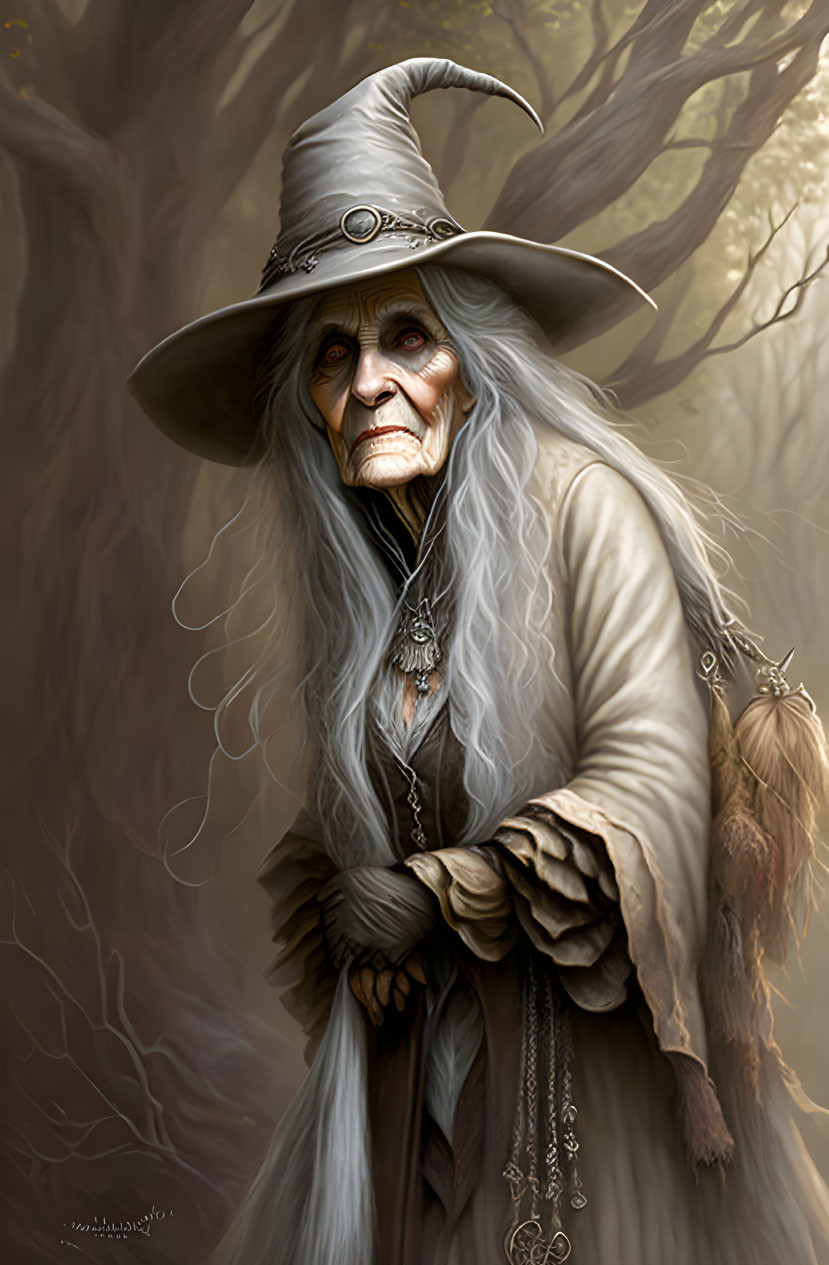 Old wizard with white beard in mystical forest.