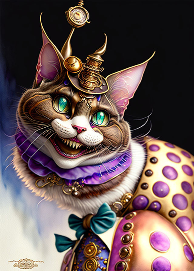 Whimsical digital artwork: Cat with human-like eyes, steampunk hat, purple collar,