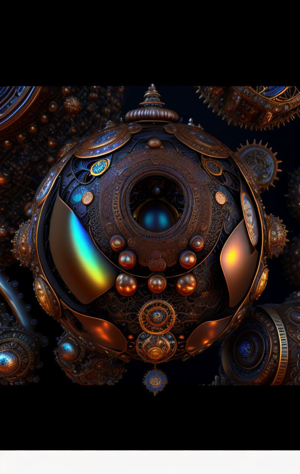 Intricate steampunk orb with metallic gears and glowing elements against dark background