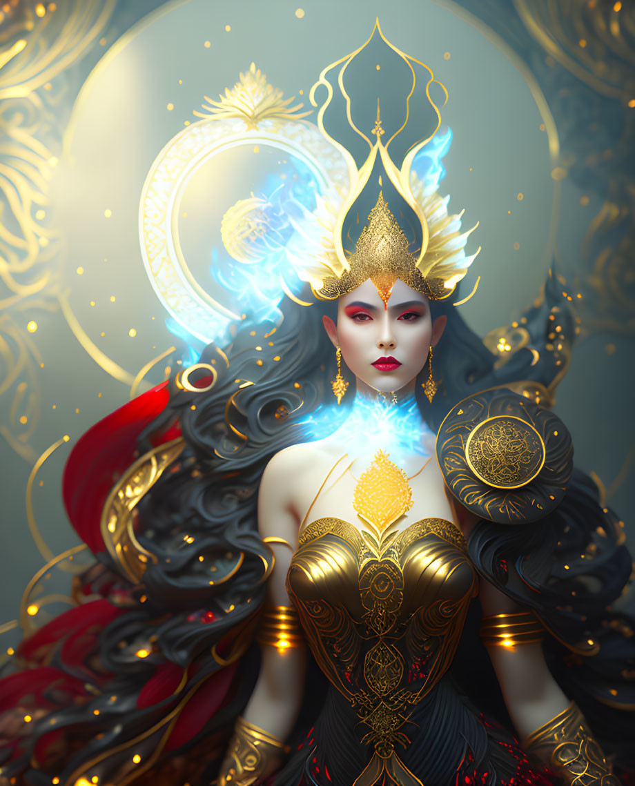 Majestic female figure with golden headdress and armor in intricate illustration