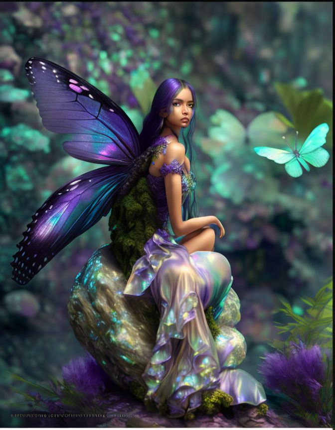 Fantastical female figure with iridescent butterfly wings in a lush purple flora setting