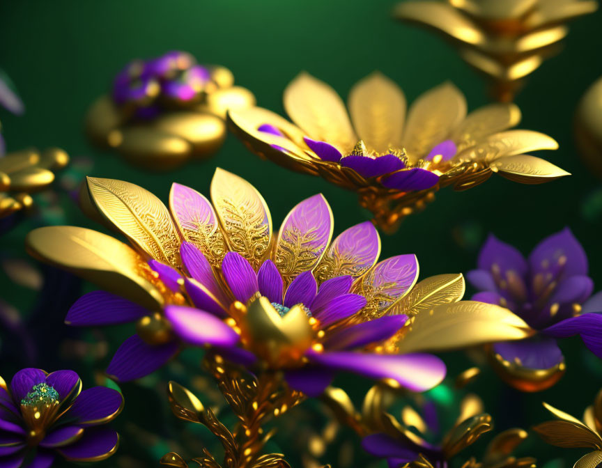 Golden foliage and purple flowers in a luxurious digital artwork