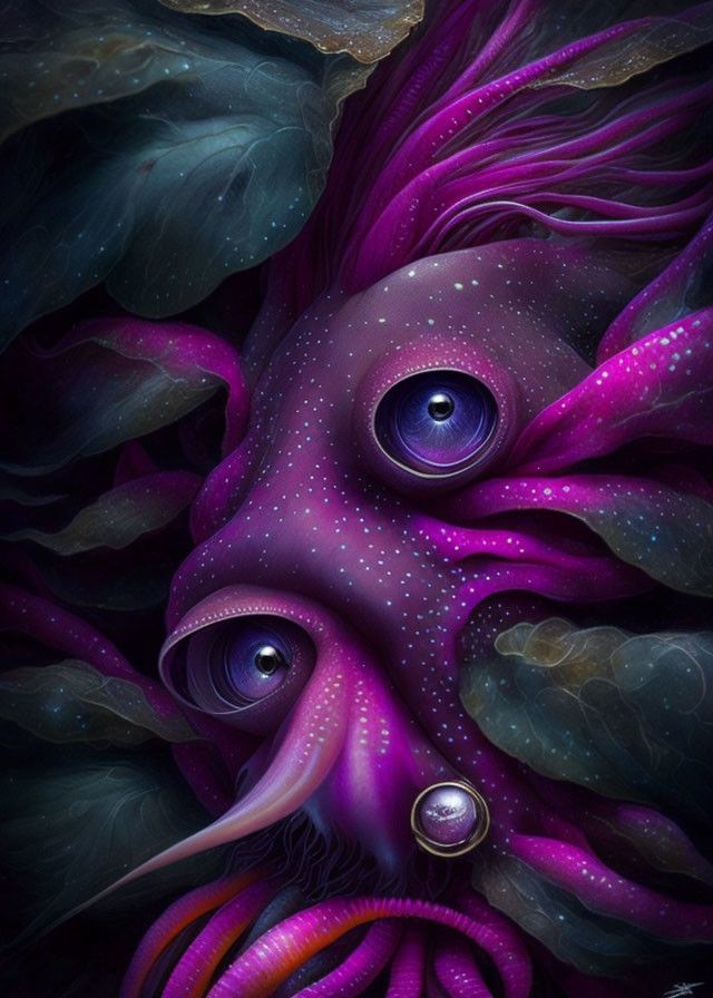 Vibrant purple creature with cosmic patterns in dark green foliage