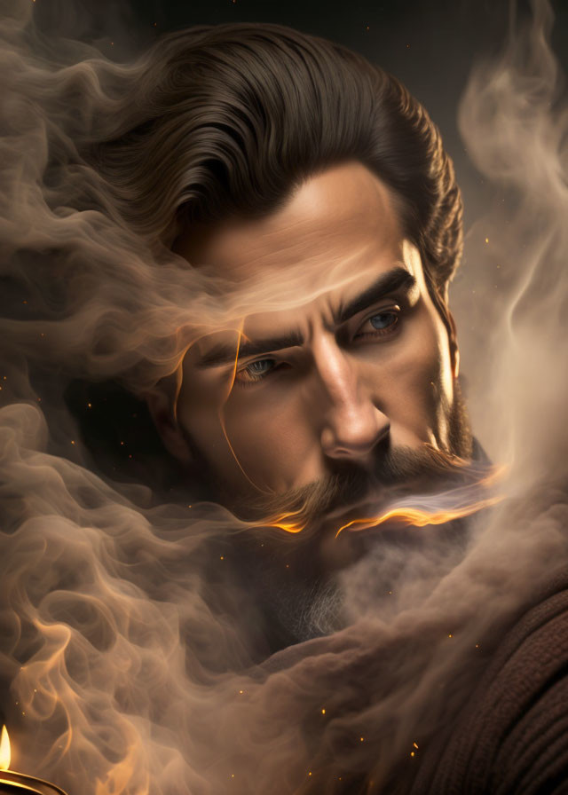 Bearded man with stylized hair in digital portrait surrounded by swirling smoke