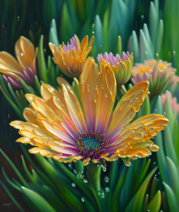 Colorful Floral Painting: Orange and Purple Petals with Dew Against Green Foliage