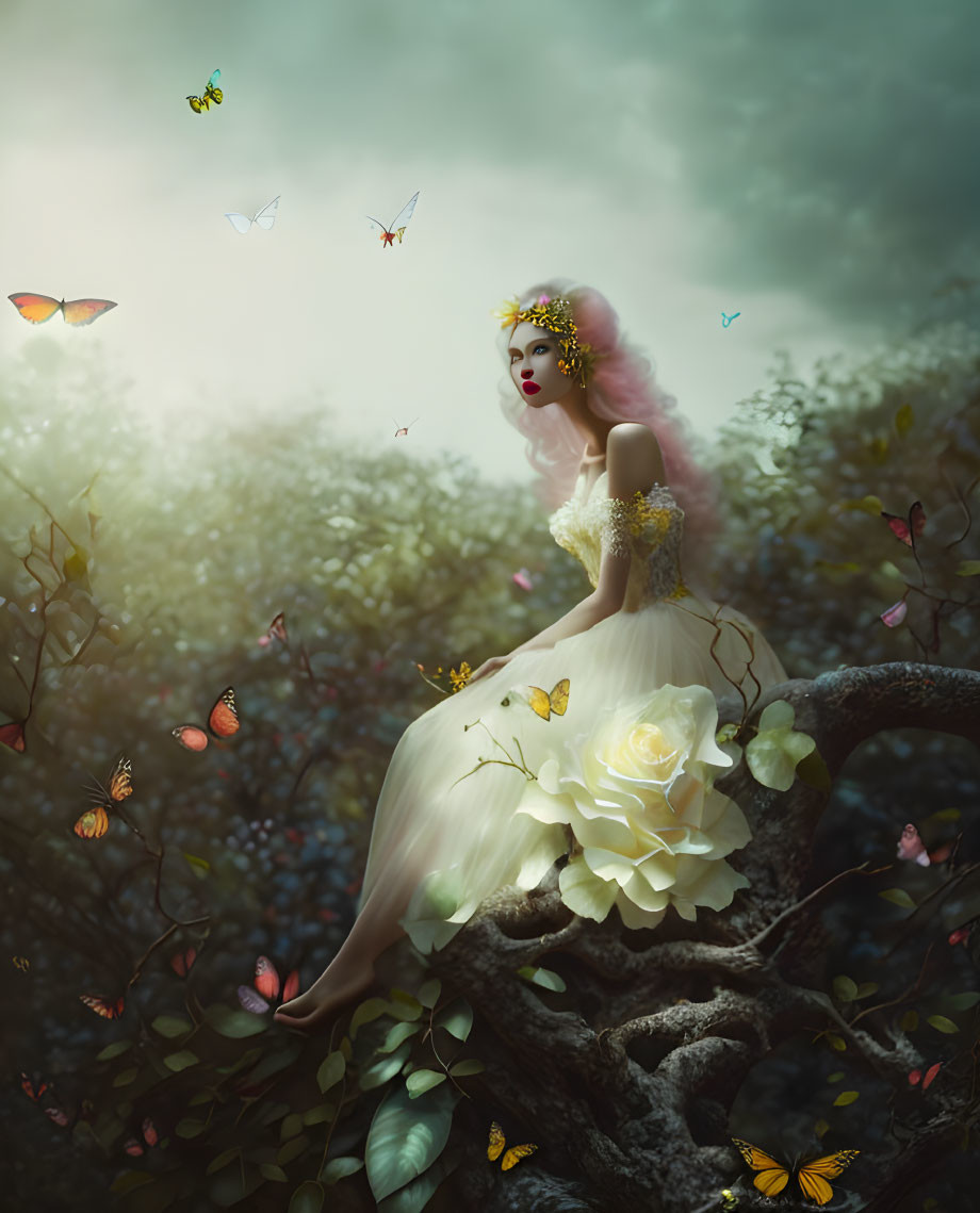 Woman in white dress on tree branch with butterflies in mystical forest.