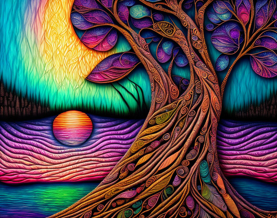 Colorful psychedelic tree against sunset reflection.