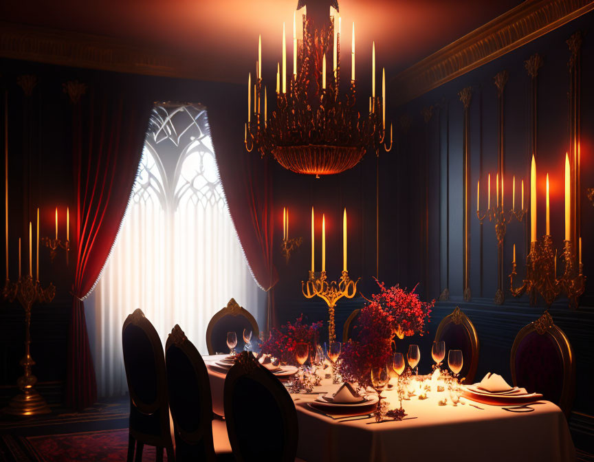 Luxurious Dining Room with Grand Chandelier and Elegant Decor