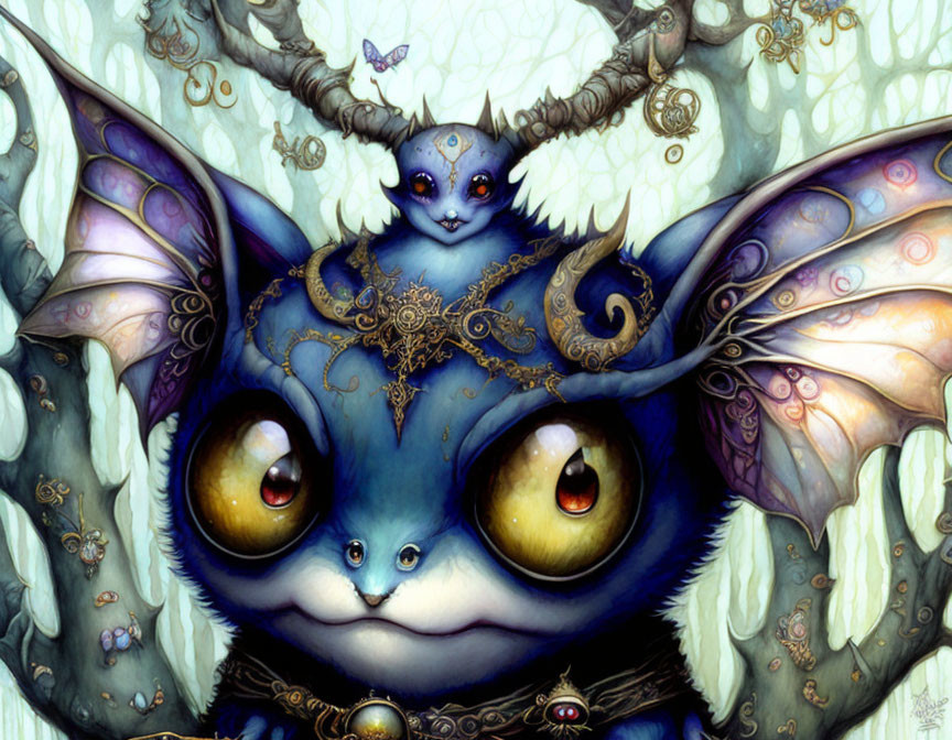 Blue creature with bat-like ears and delicate wings in whimsical illustration.