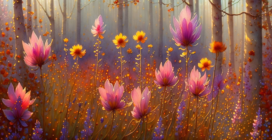 Colorful painting of magical forest with whimsical purple and orange flowers.