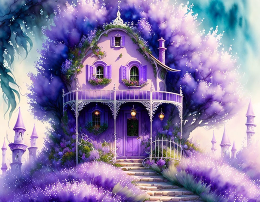 Purple-toned magical house illustration with balcony, turrets, greenery, and lights