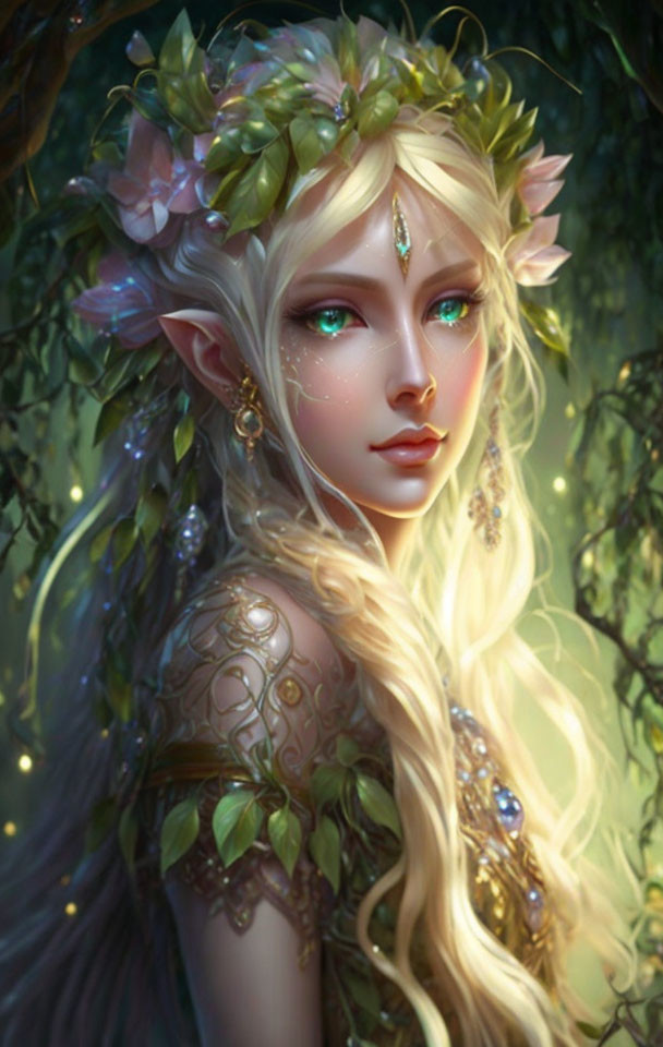 Fantasy elf with floral crown and blue eyes in magical forest