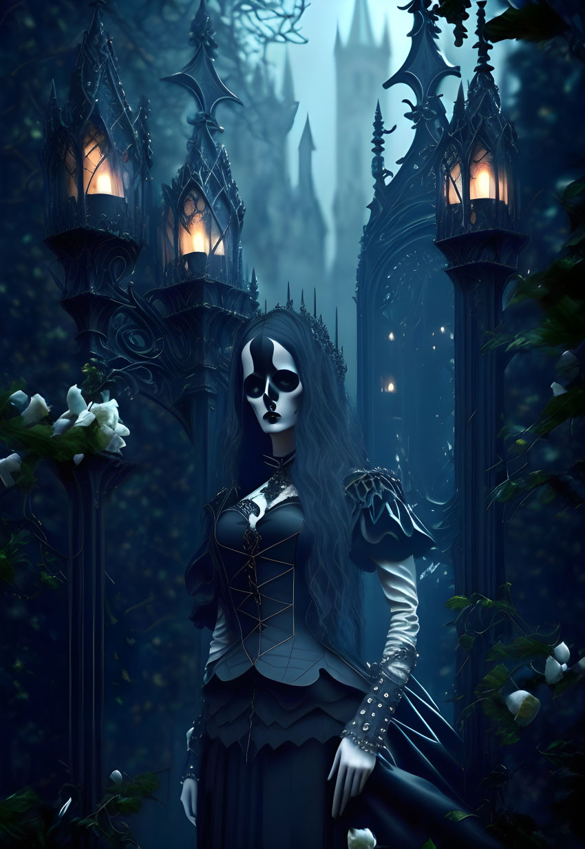 Gothic figure in dark attire at eerie castle with lanterns and white roses