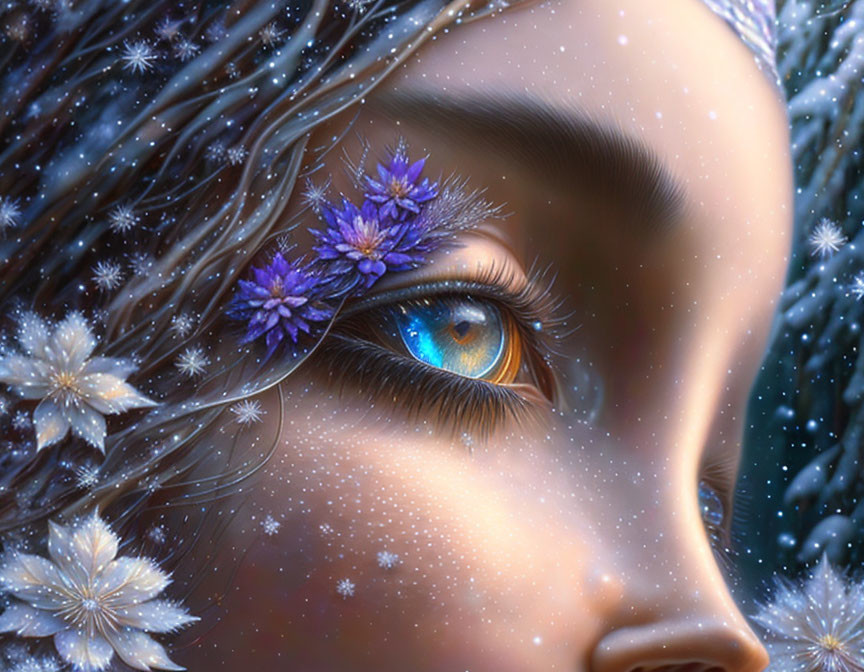 Detailed digital art: Woman's face with blue eye, light-blue flowers, snowflakes on dark