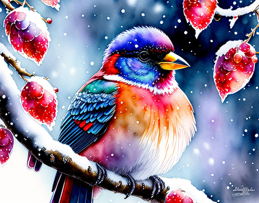 Colorful bird on snowy branch with red berries and snowflakes