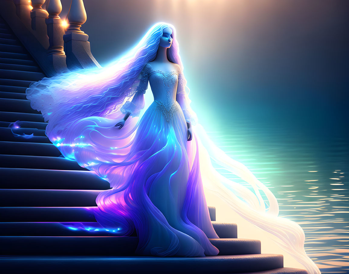 Blue-haired animated woman in luminescent gown descends grand staircase by tranquil waters