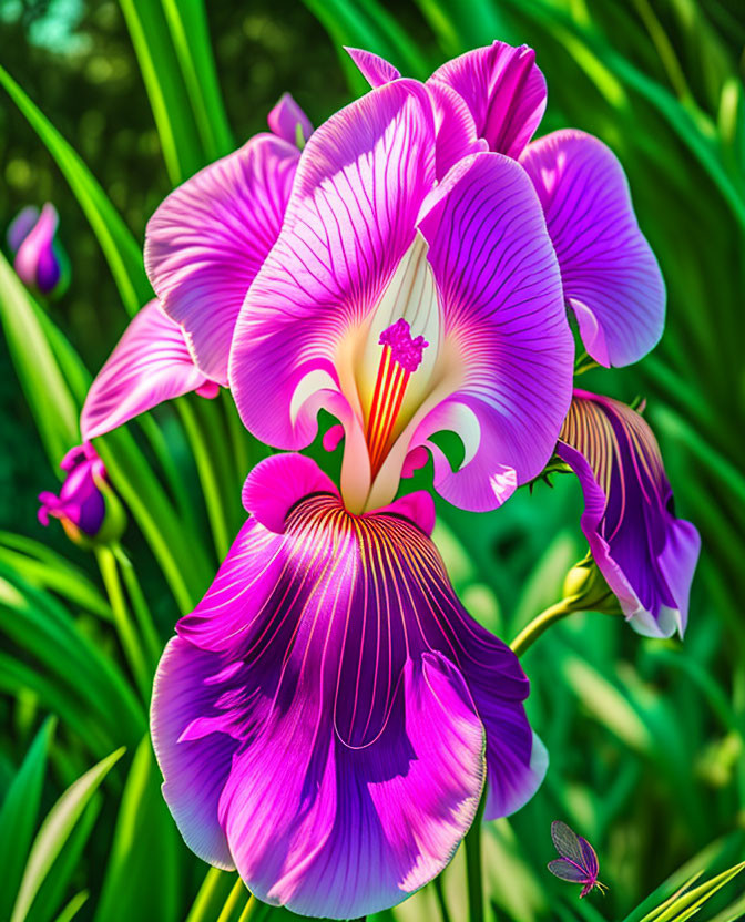 Vibrant purple iris with dark striations in sunlight against green foliage