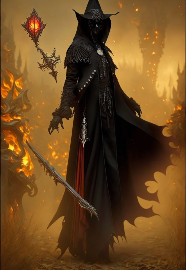 Fantasy figure in dark cloak with fiery staff in fiery foliage under ominous sky