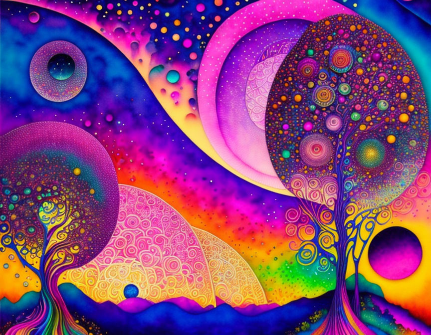 Colorful Psychedelic Artwork: Whimsical Trees and Celestial Bodies