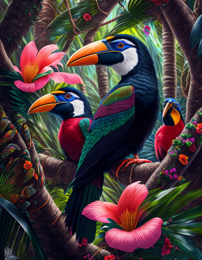 Colorful Toucan Trio in Exotic Jungle Scene