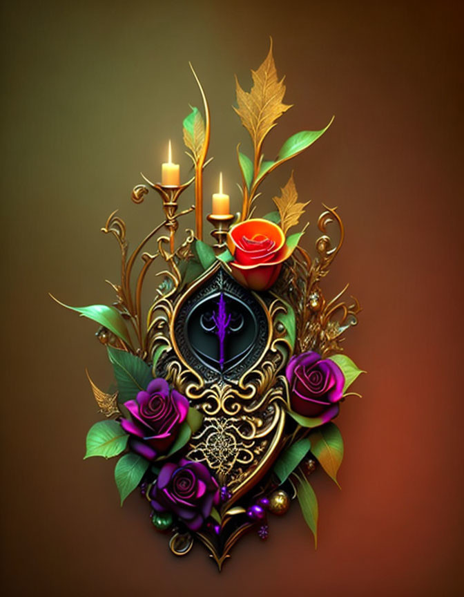 Ornate Gothic Clock with Candles, Roses, and Autumn Leaves